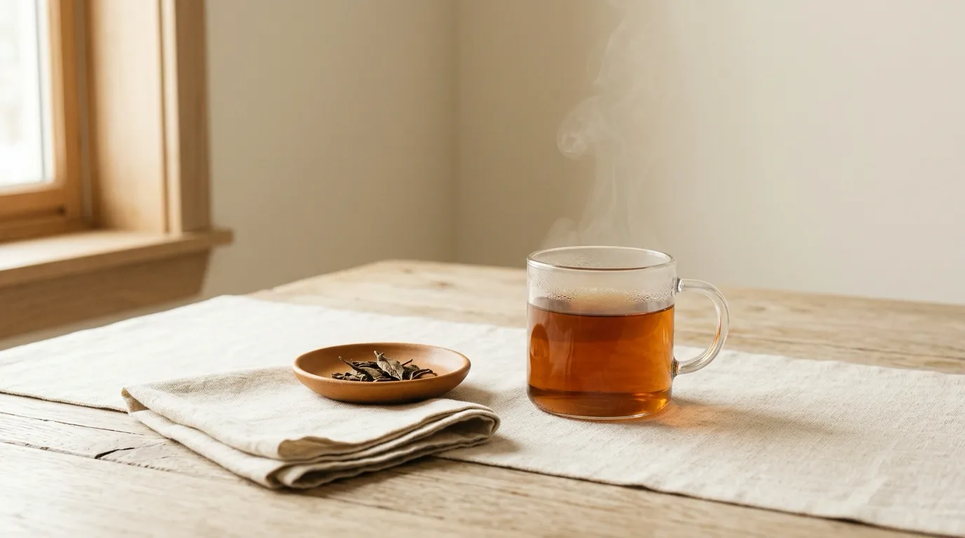 A glass mug of freshly brewed tea on a linen runner in morning light