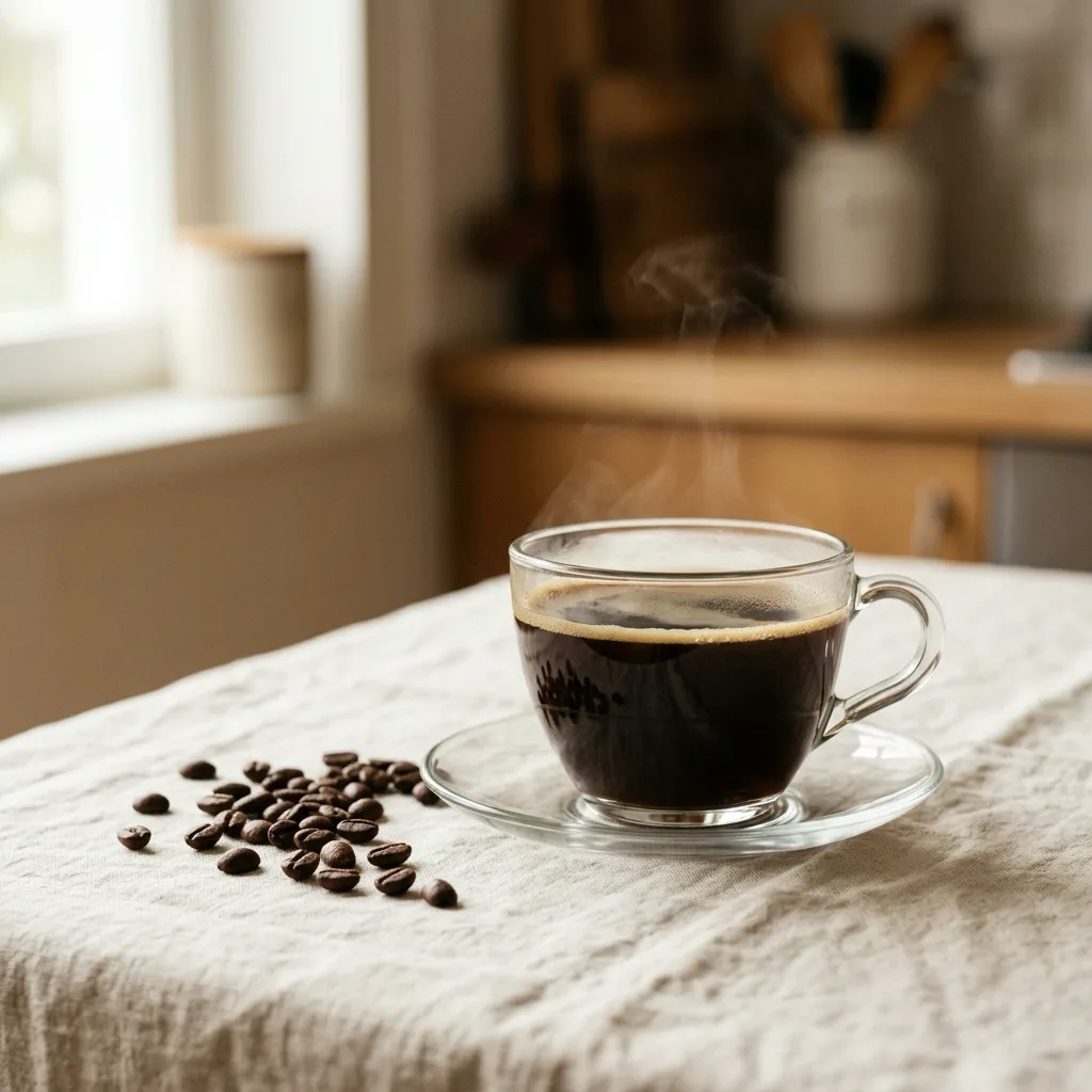 A glass cup of black coffee beside roasted coffee beans