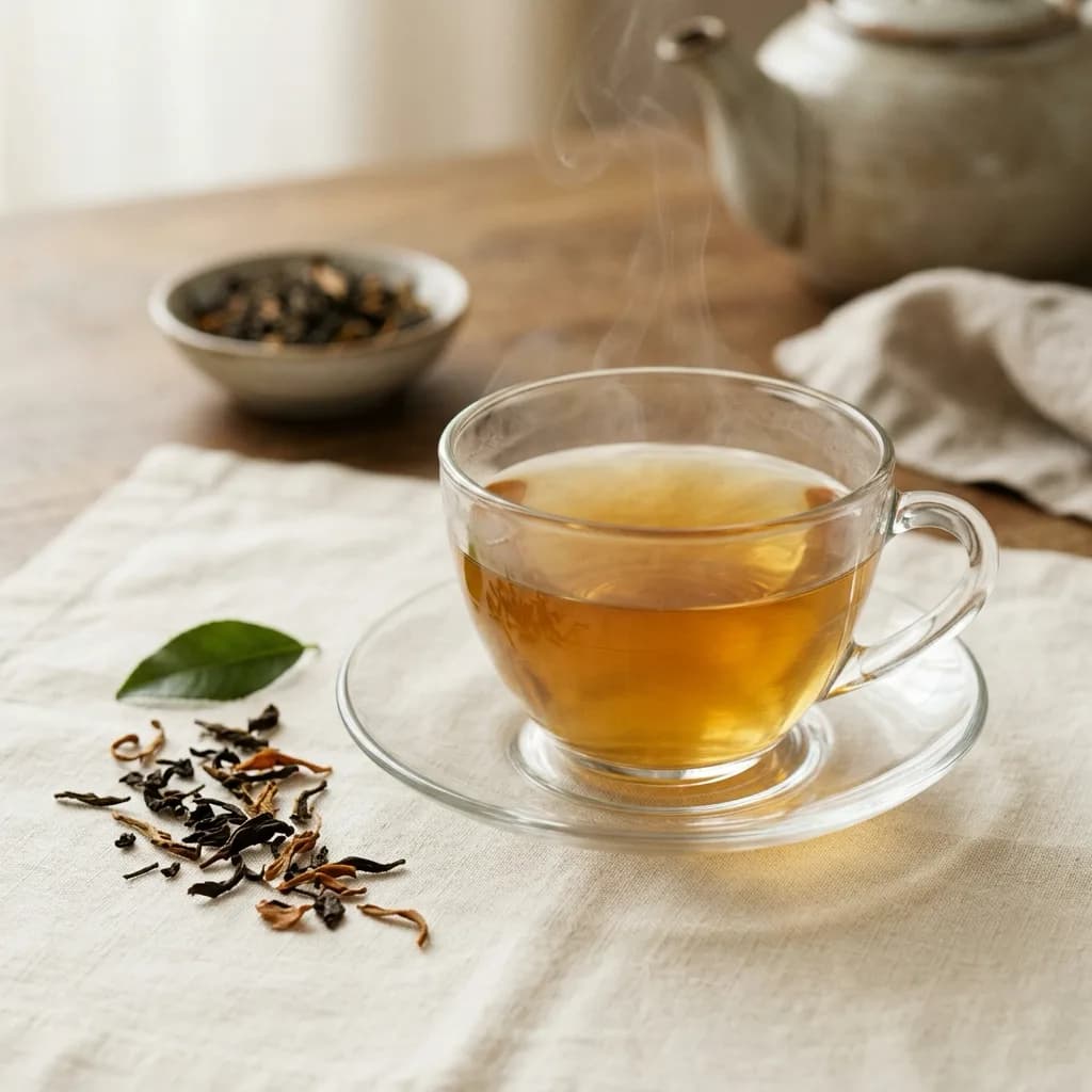 A glass cup of amber tea beside loose tea leaves