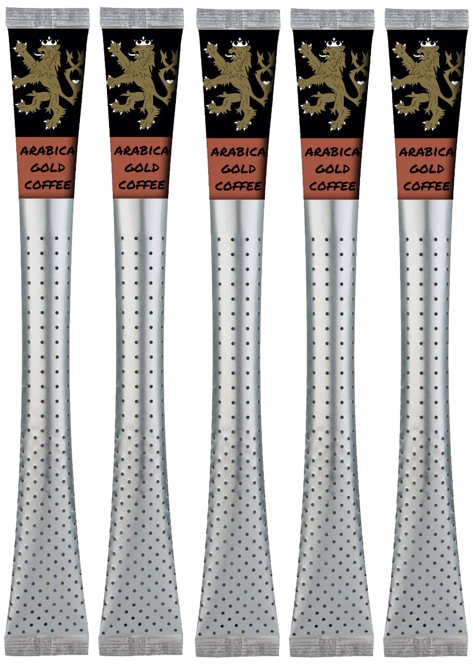 Arabica Gold Coffee — 5 wrapped sticks standing on a white background