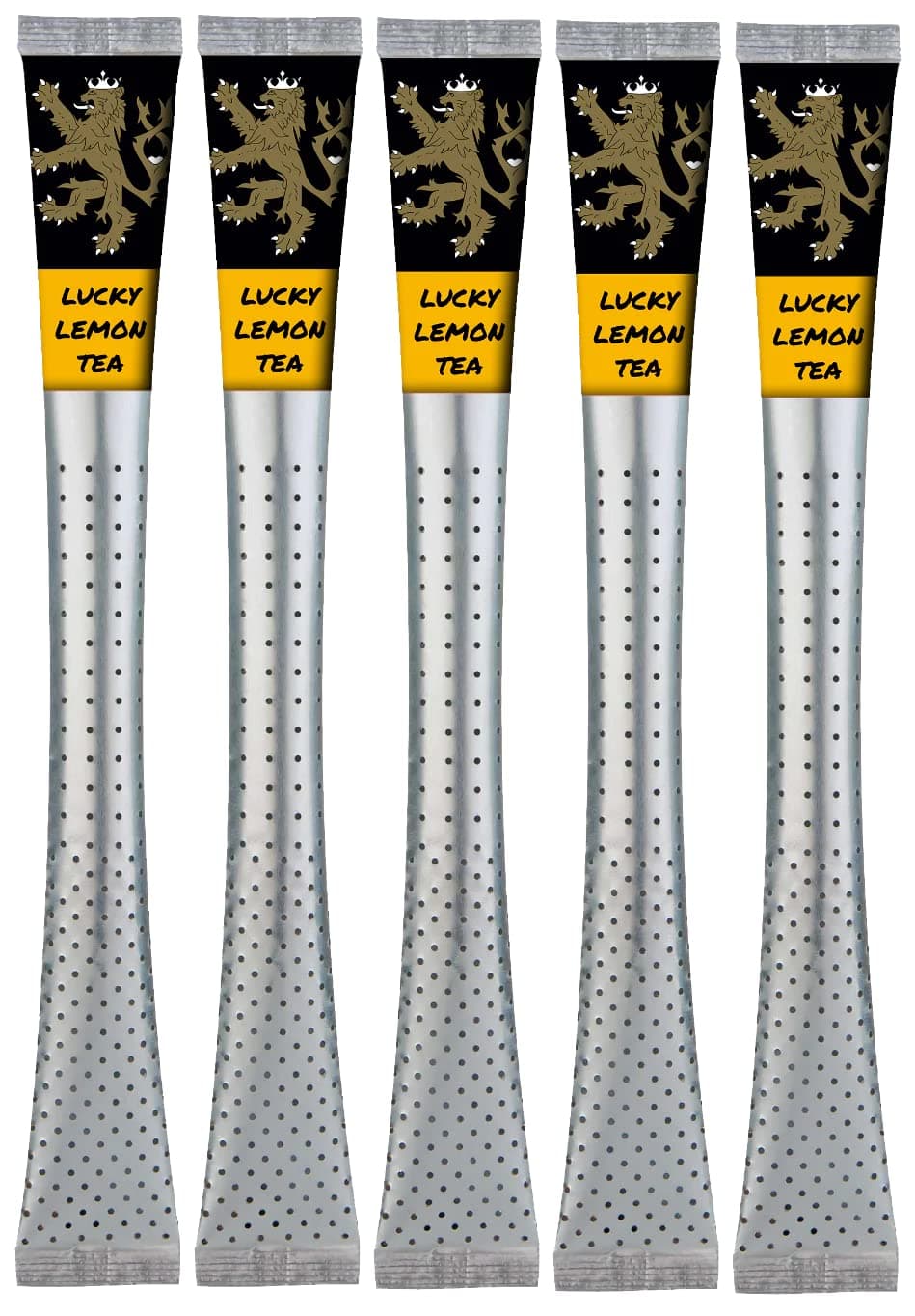 Lucky Lemon Tea sticks in their individual wrappers on a plain background