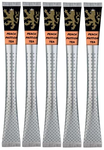 Peach Passion Tea sticks in their individual wrappers on a plain background