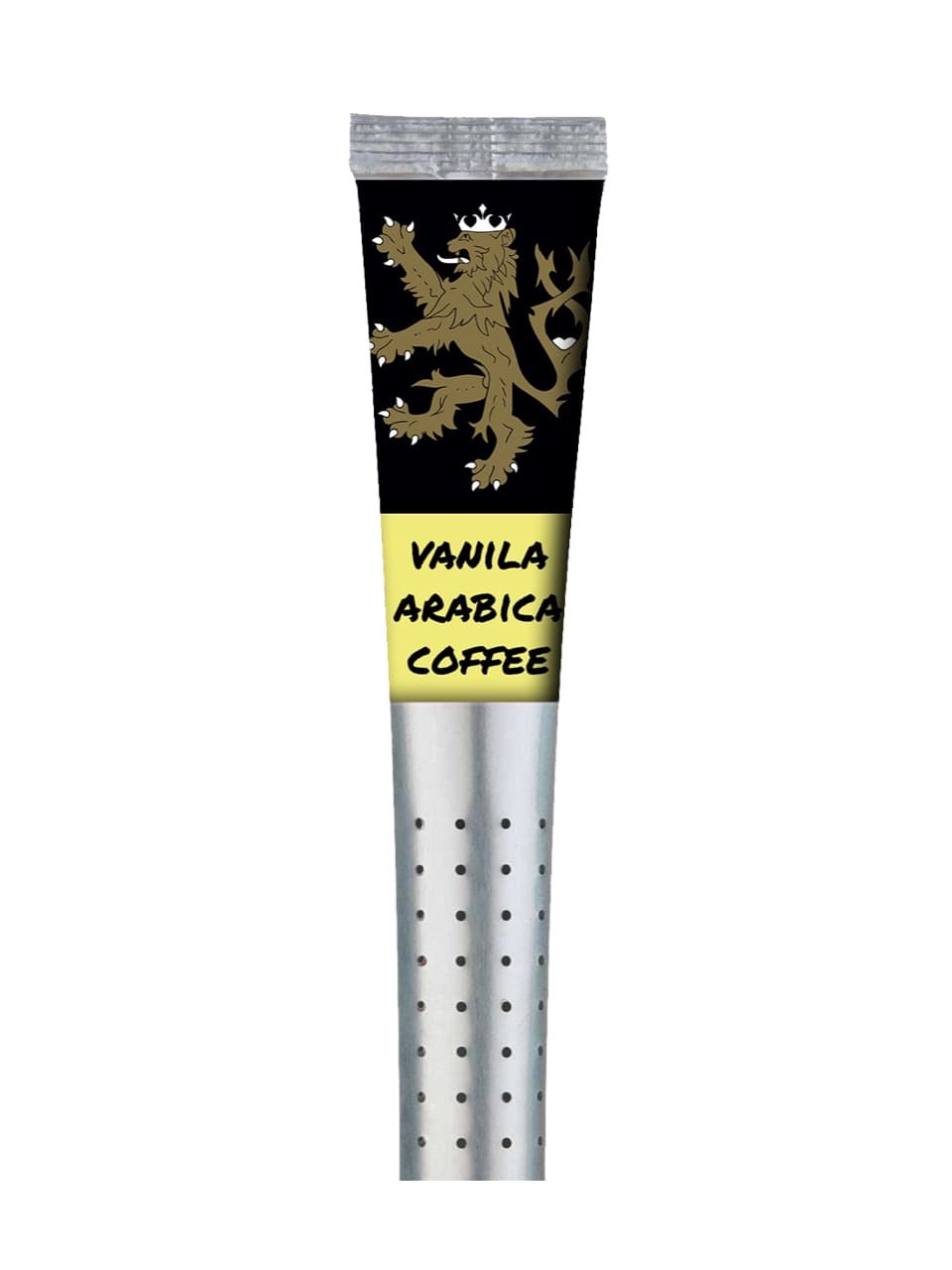 Vanilla Arabica Coffee sticks in their individual wrappers on a plain background